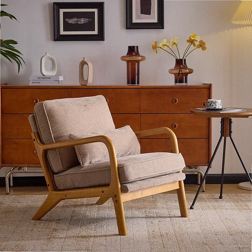 Beige Upholstered Recliner Chair Sofa Living Room Couch With Pillow Armchair