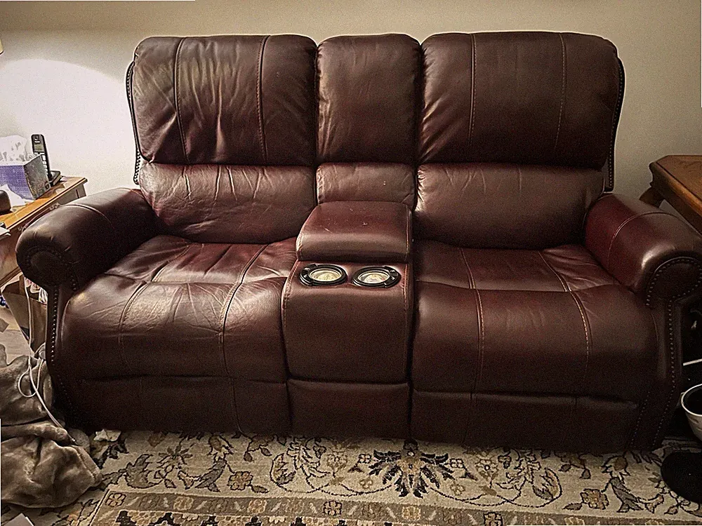 Burgundy Leather Recliner Loveseat with Storage Console and Cup Holders