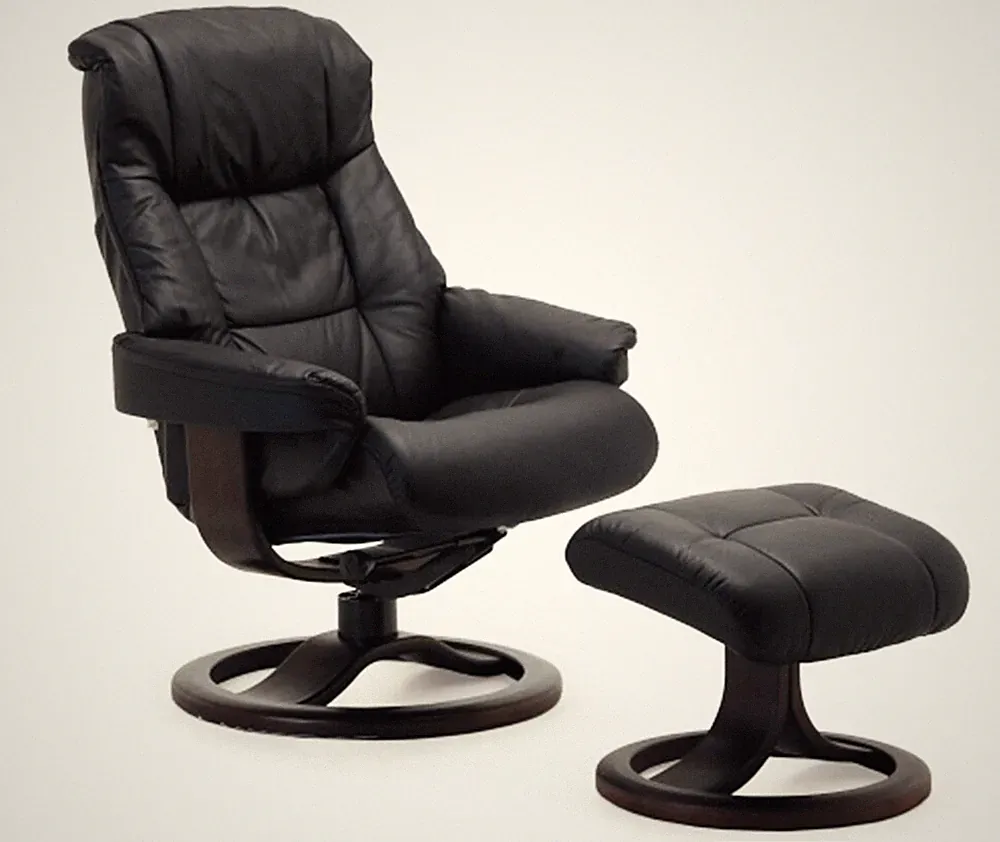 Fjords Loen Small Recliner Comfort Chair - Black Leather - Espresso Wood Stain