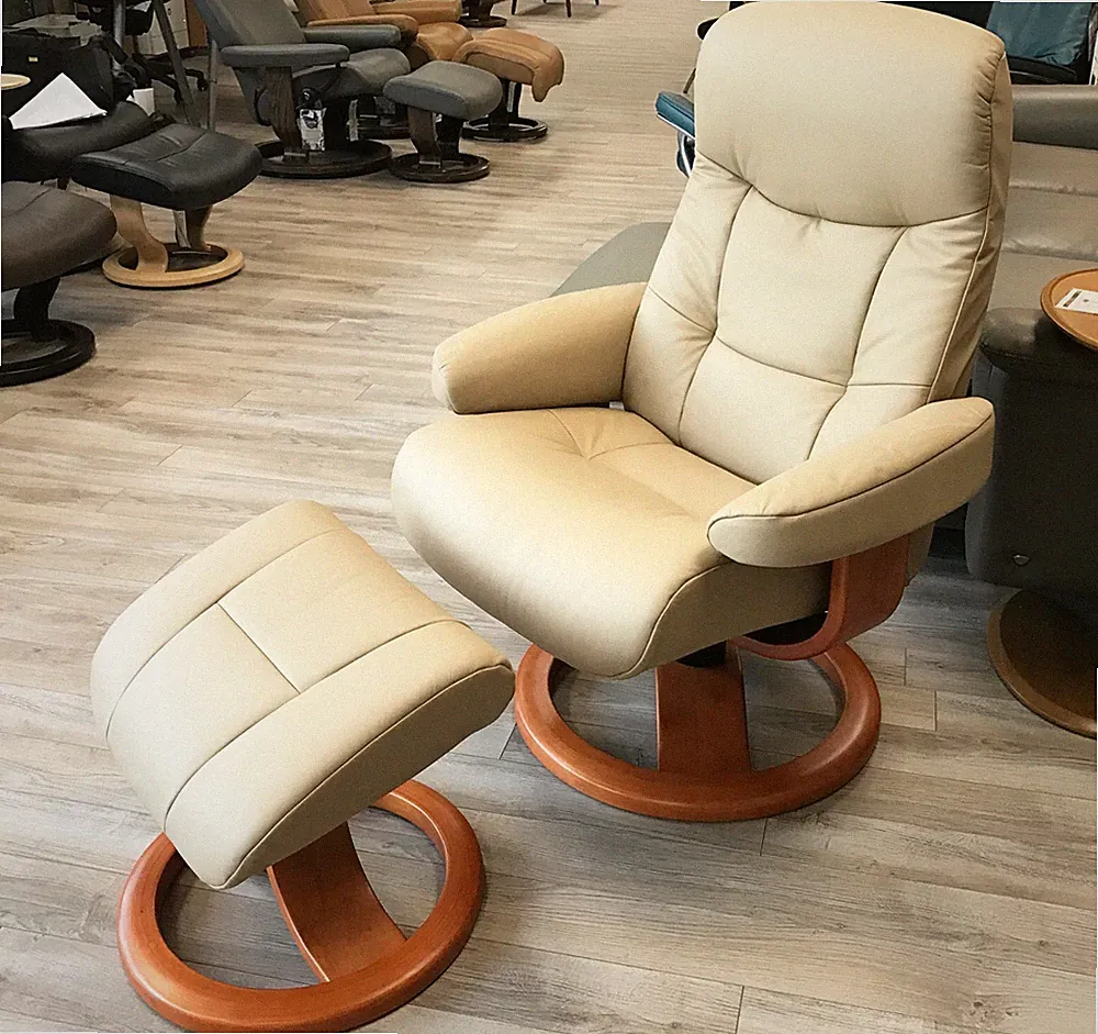 Fjords Muldal Small Recliner Chair - Sandel Tan Leather - Cherry Wood Stain