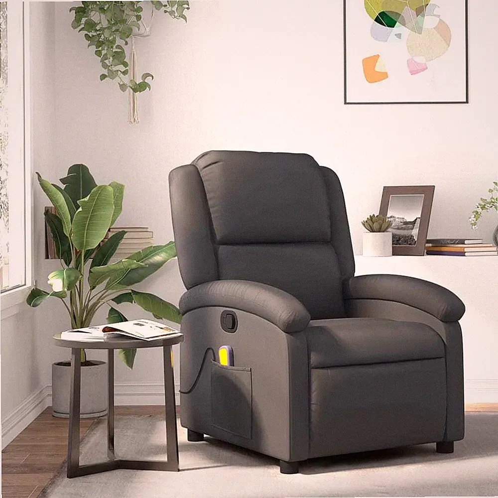 Massage Recliner Chair Gray Real Leather
