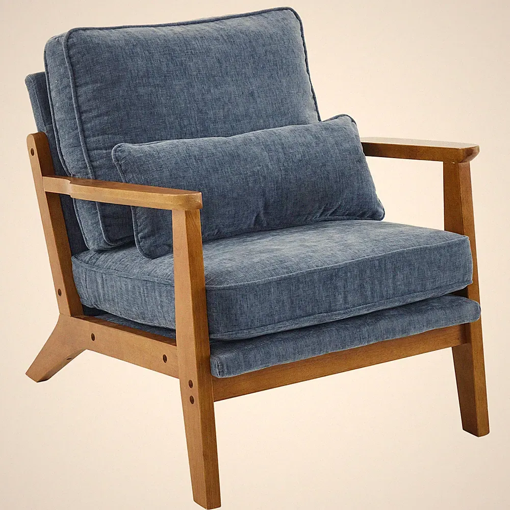 Oak Accent Chair-Blue Chenille Upholstered Single Lounge Chair,in stock