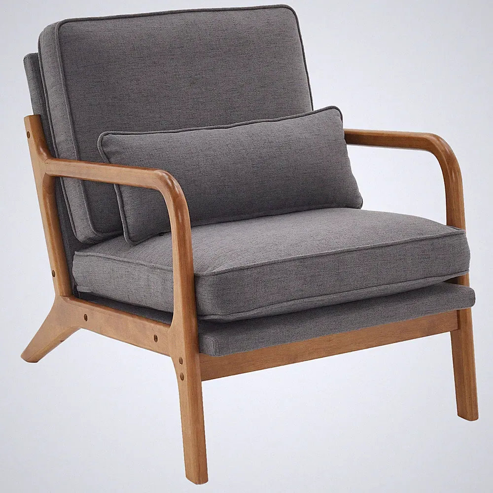 Oak Armrest Lounge Chair w/ Upholstered Seat, Dark Grey Indoor Single Chair