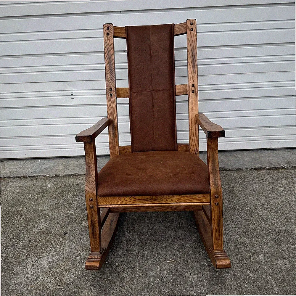 Rustic Style Oak Wood Rocking Chair w/ Brown Pleather Seat - Local Pickup Only