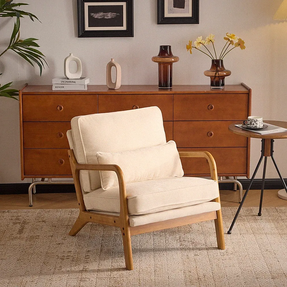 White Upholstered Recliner Chair Sofa Living Room Single Armchair With Pillow